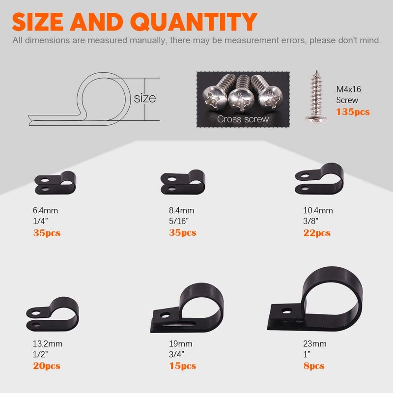 Rustark 135 Pcs 6 Size Black Nylon R-Type Cable Clamp Clips Fasteners Assortment kit with Mounting Screw and 135 Pcs Screws Organizer Cord Clips for Wire Management - Image 2